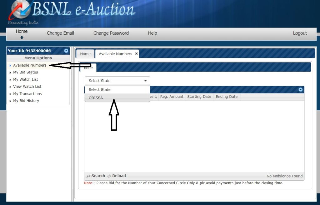 bsnl e auction portal view